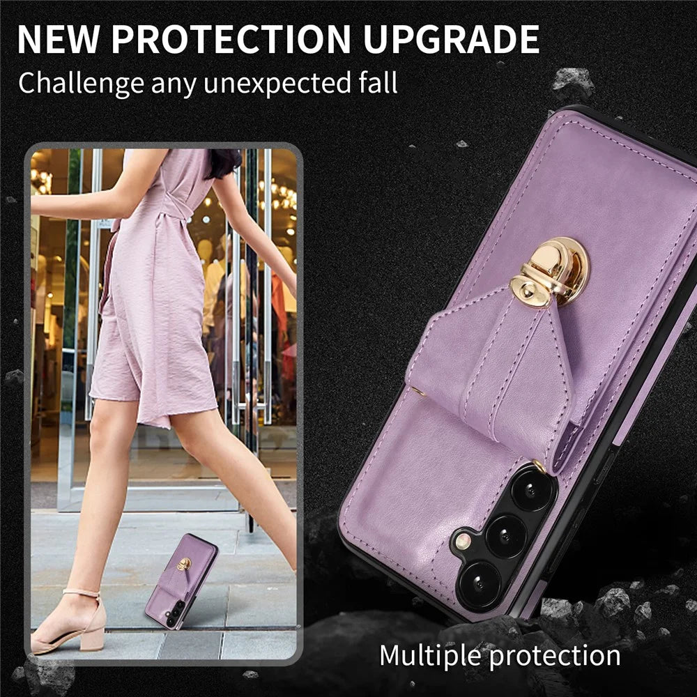 For Samsung Galaxy S25+ / S24+ Cell Phone Case Metal Buckle Card Holder Leather+TPU Cover - Purple - 7