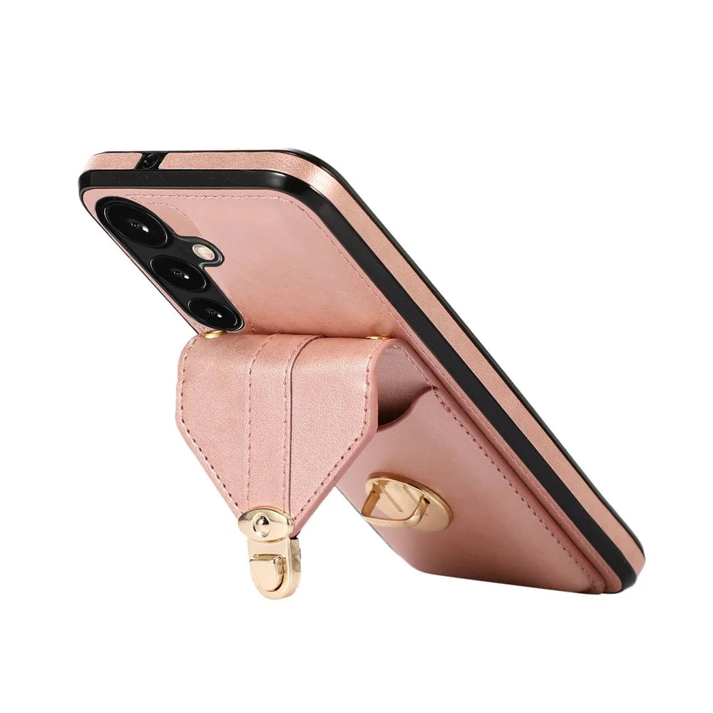 For Samsung Galaxy S25 / S24 Cell Phone Case Card Holder Leather+TPU Shockproof Cover - Rose Gold - 3