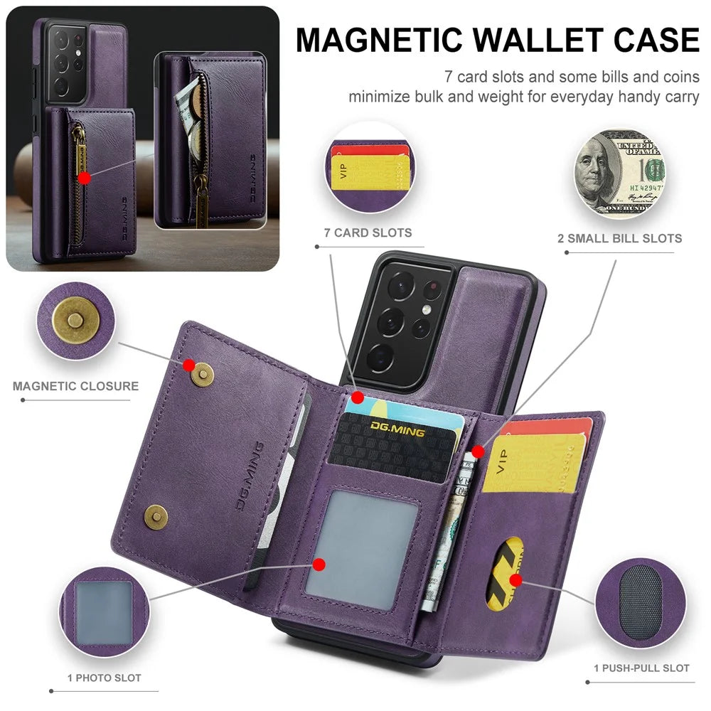 DG.MING M5 Series For Samsung Galaxy S21 Ultra 5G Phone Case Detachable Wallet Kickstand Cover - Purple - 7