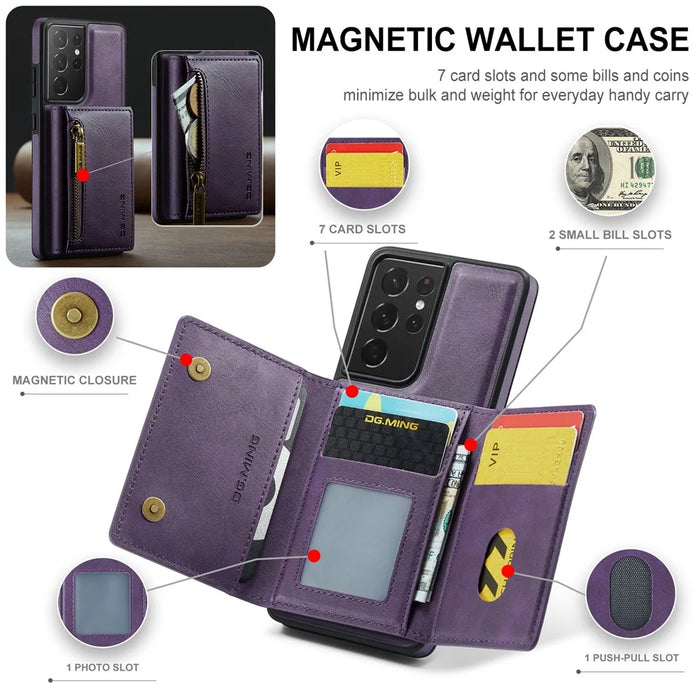 DG.MING M5 Series For Samsung Galaxy S21 Ultra 5G Phone Case Detachable Wallet Kickstand Cover - Purple - 7