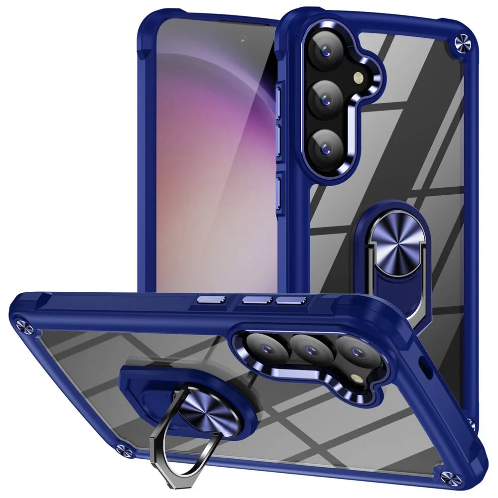 For Samsung Galaxy S24 Case PC+TPU Shockproof Phone Back Cover with Metal Ring Kickstand - Blue - 1