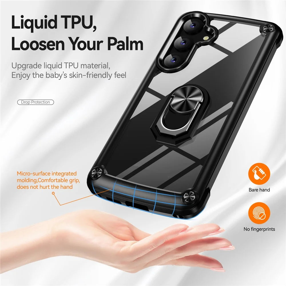 For Samsung Galaxy S24+ Cell Phone Case Anti-scratch PC+TPU Metal Ring Kickstand Protective Cover - Black - 3