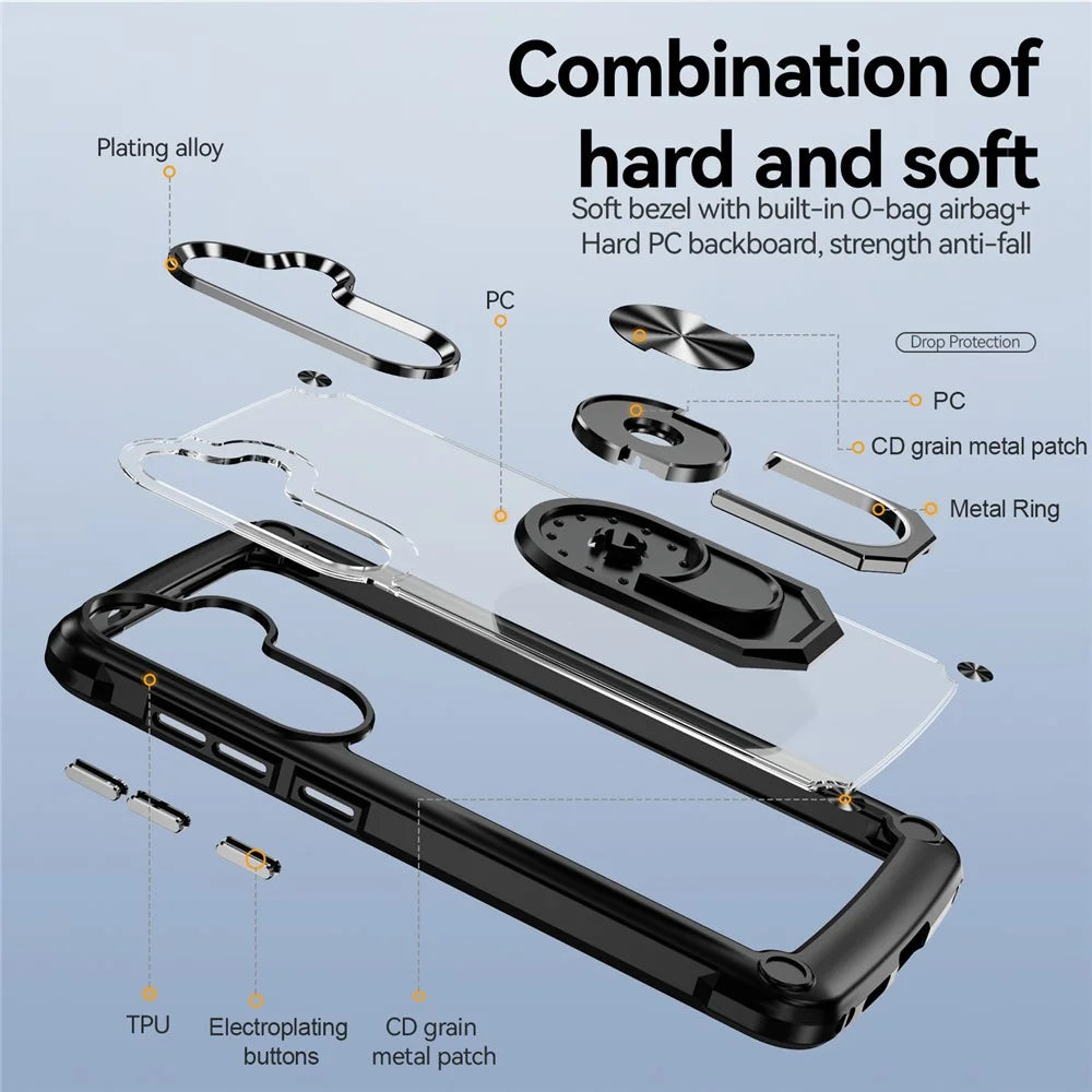 For Samsung Galaxy S24+ Cell Phone Case Anti-scratch PC+TPU Metal Ring Kickstand Protective Cover - Black - 4