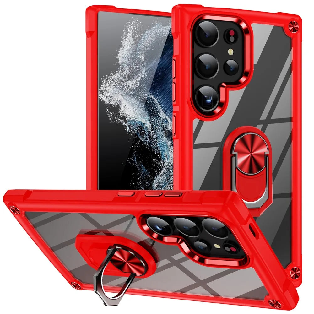 For Samsung Galaxy S24 Ultra Case Drop-proof PC+TPU Metal Ring Kickstand Phone Back Shell - Red - 1