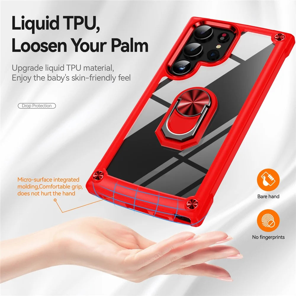 For Samsung Galaxy S24 Ultra Case Drop-proof PC+TPU Metal Ring Kickstand Phone Back Shell - Red - 3