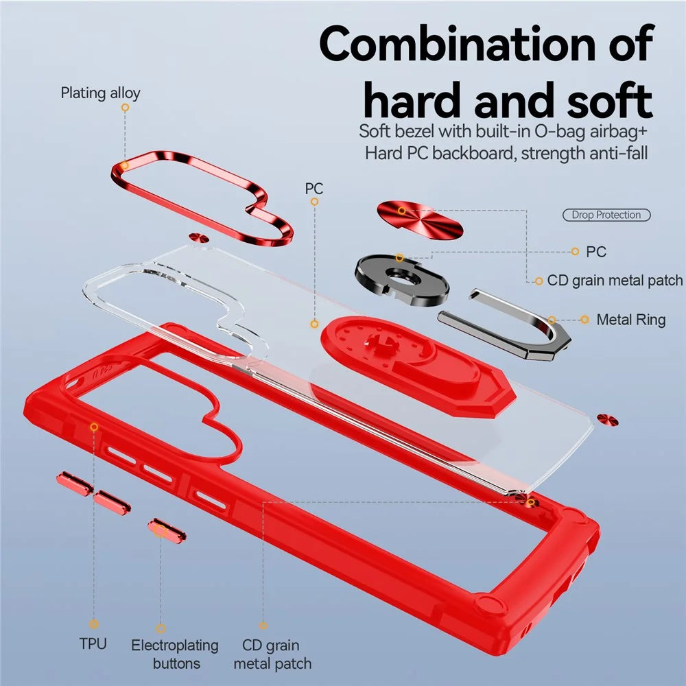 For Samsung Galaxy S24 Ultra Case Drop-proof PC+TPU Metal Ring Kickstand Phone Back Shell - Red - 4
