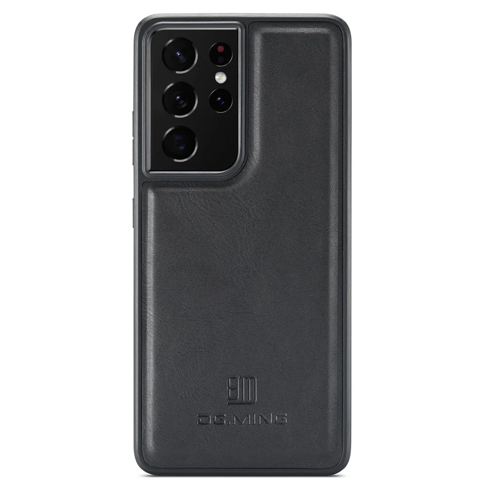DG.MING For Samsung Galaxy S21 Ultra 5G Phone Case Leather Coated PC+TPU Shell Cover - Black - 1