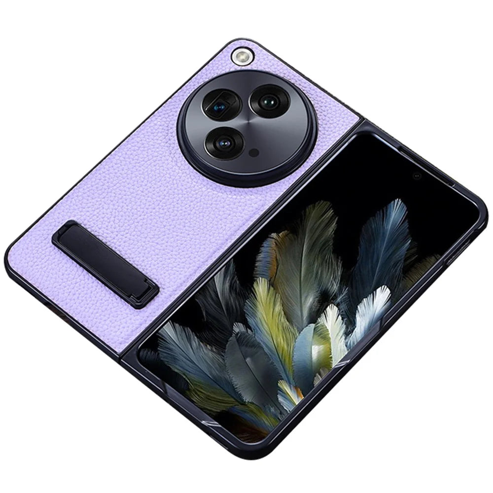 For OnePlus Open Case Litchi Texture PU Leather PC Phone Back Cover with Kickstand - Purple - 1