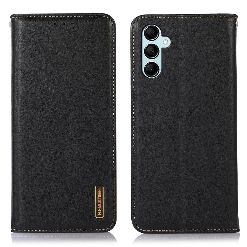 KHAZNEH For Samsung Galaxy A35 5G Case Genuine Cow Leather Nappa Texture Cover with Stand - Black - 1