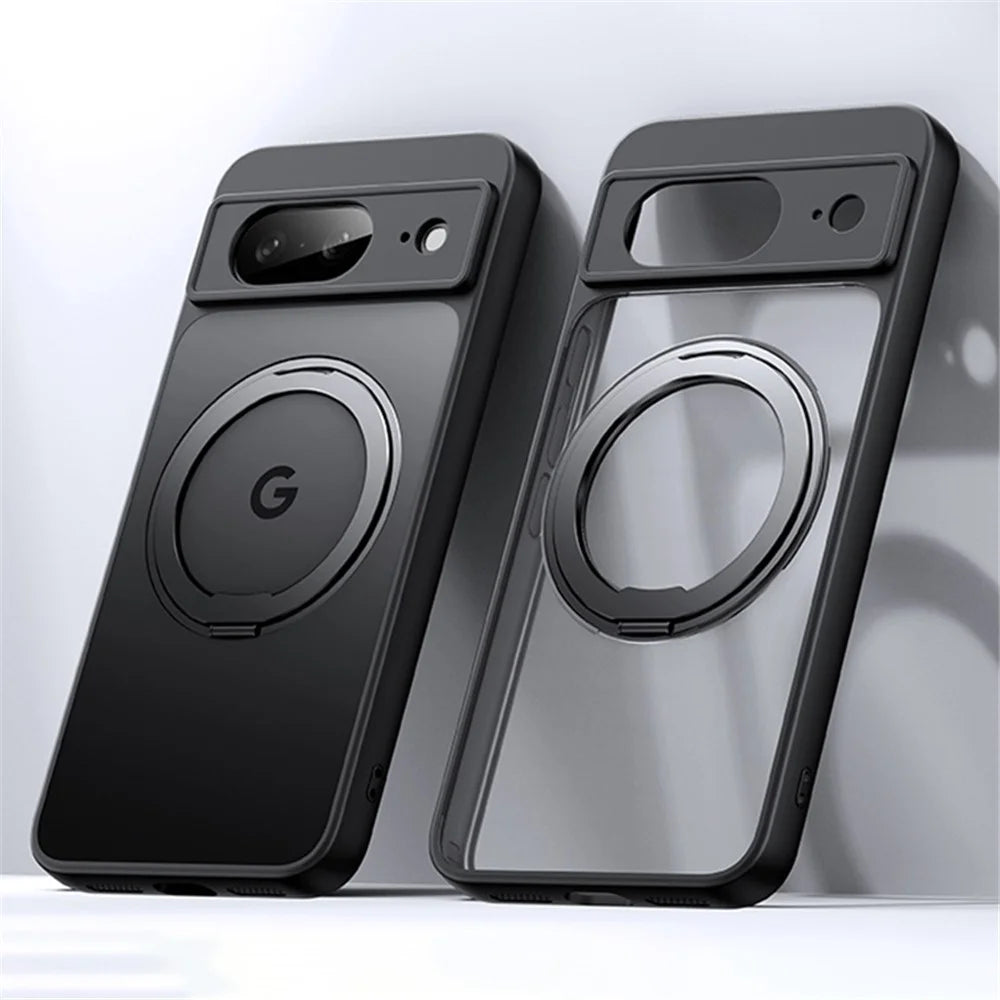 For Google Pixel 8 Phone Case Ring Kickstand TPU+Acrylic Cover Magnetic Case - Matte Black - 1