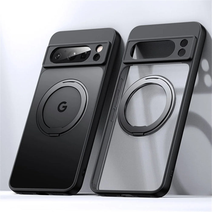 For Google Pixel 8 Pro Case Magnetic Case Ring Kickstand TPU+Acrylic Back Cover - Matte Black - 2