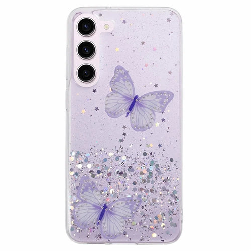 AW Series For Samsung Galaxy S23 Sparkle Epoxy Case TPU+PVC Big Rear Lens Hole Protective Cover - Purple - 1