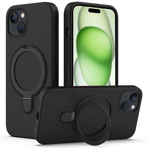 For iPhone 15 Magnetic Phone Case Ring Holder Kickstand Back Cover - Black - 1