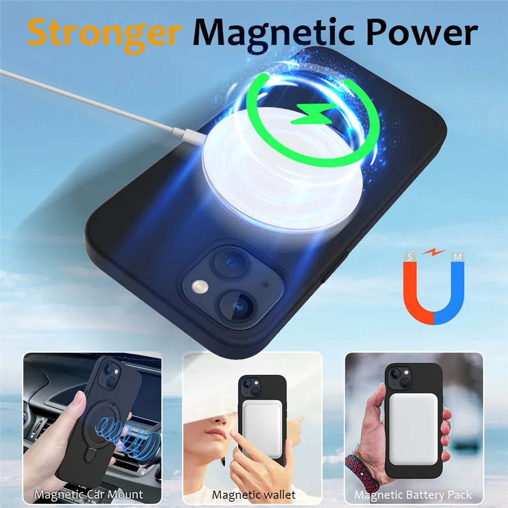 For iPhone 15 Magnetic Phone Case Ring Holder Kickstand Back Cover - Black - 3
