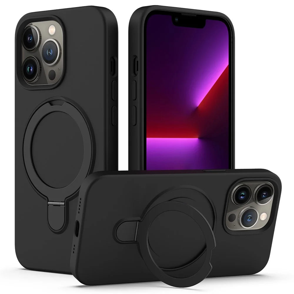 For iPhone 13 Pro Max Magnetic Case Ring Kickstand PC + Silicone Phone Cover - Black - 1