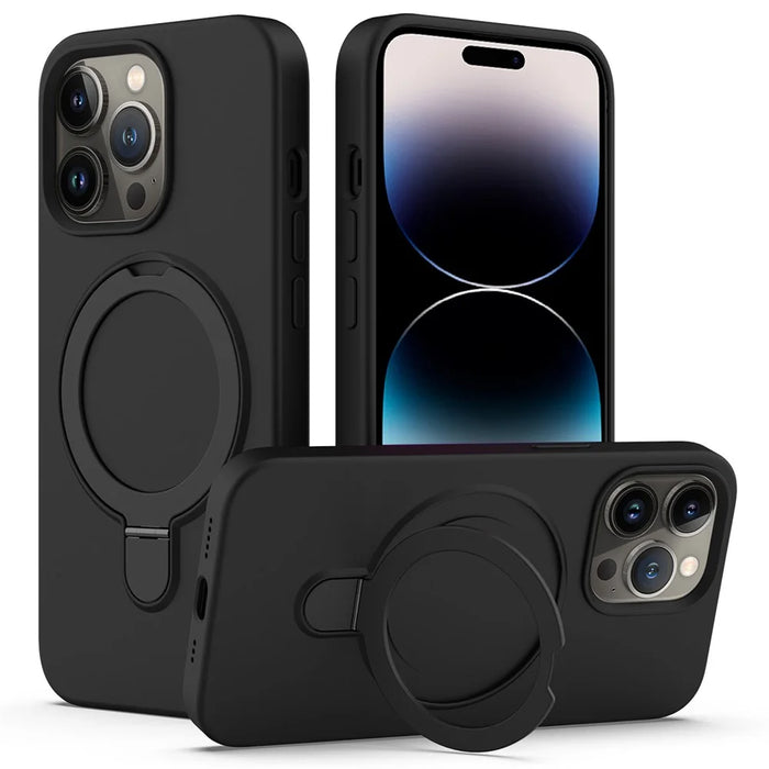 For iPhone 14 Pro Magnetic Case Kickstand Anti-drop PC + Silicone Cover - Black - 1