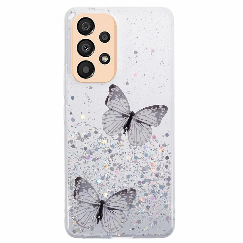 AW Series Case for Samsung Galaxy A23 5G (Global Version) / A23 4G Shell Sparkle Epoxy Butterfly Decor Big Rear Lens Hole Phone Cover - White - 1