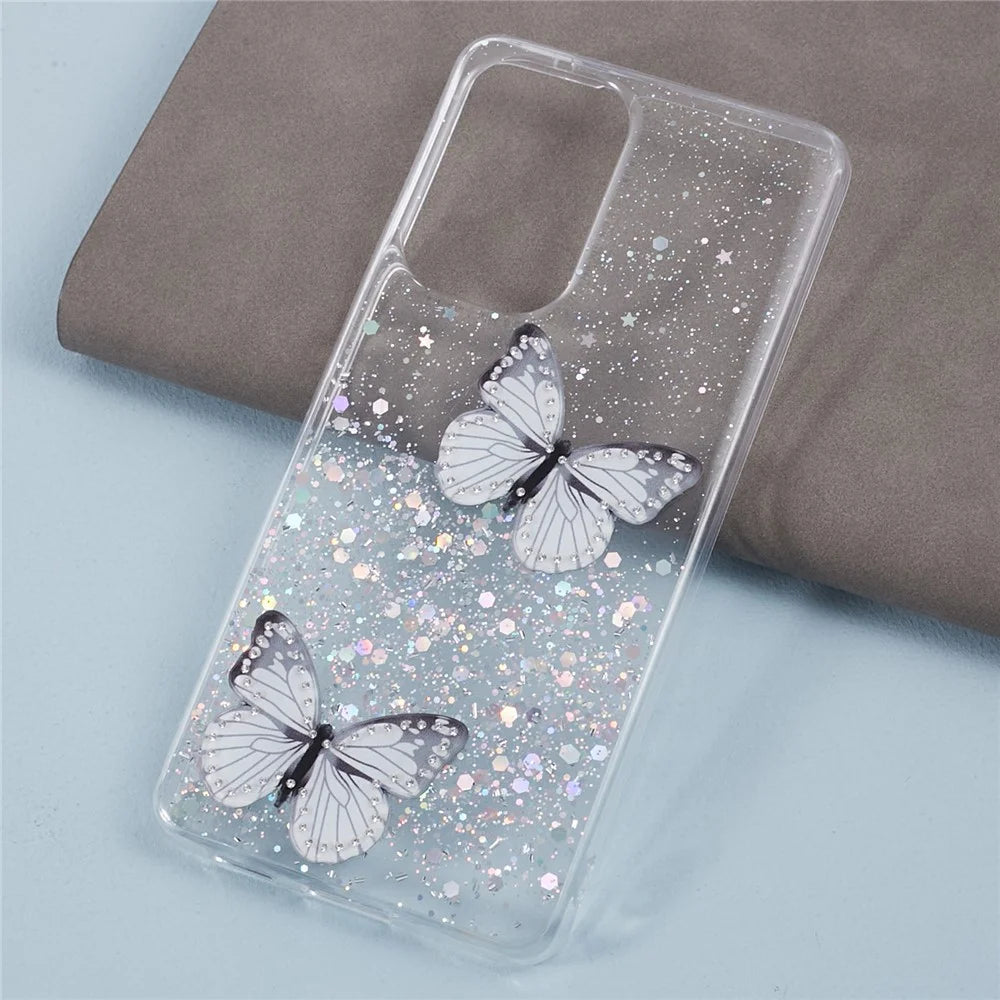 AW Series Case for Samsung Galaxy A23 5G (Global Version) / A23 4G Shell Sparkle Epoxy Butterfly Decor Big Rear Lens Hole Phone Cover - White - 3