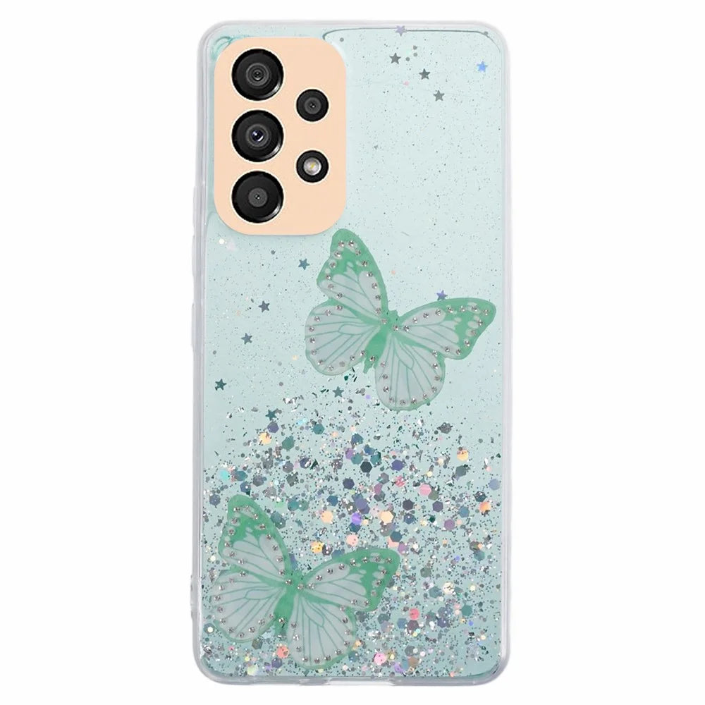 AW Series For Samsung Galaxy A13 4G TPU+PVC Case Sparkle Epoxy Butterfly Decor Protective Back Shell - Green - 1