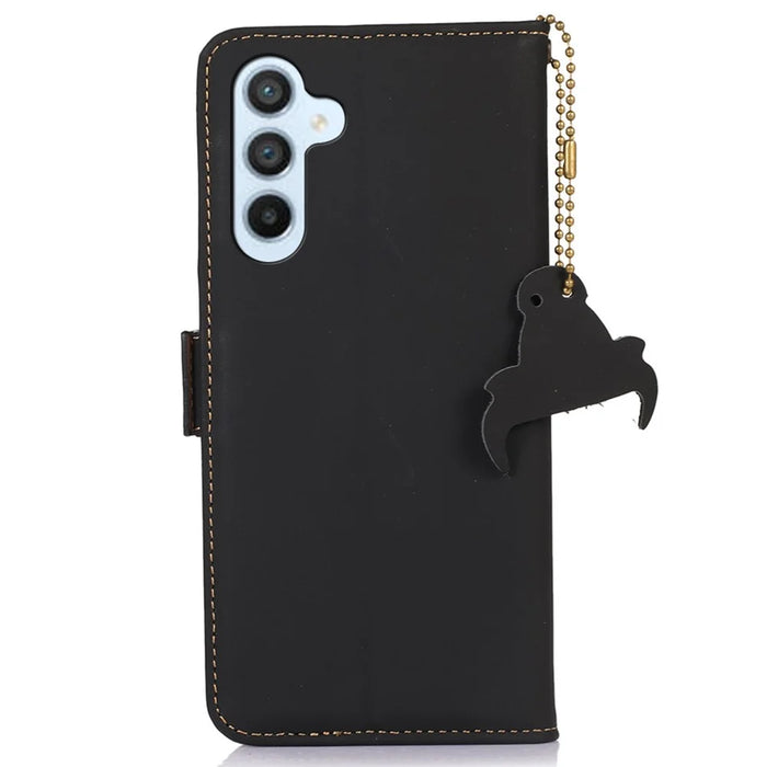 For Samsung Galaxy A35 5G RFID Blocking Case Genuine Cow Leather Stand Phone Cover - Black - 7