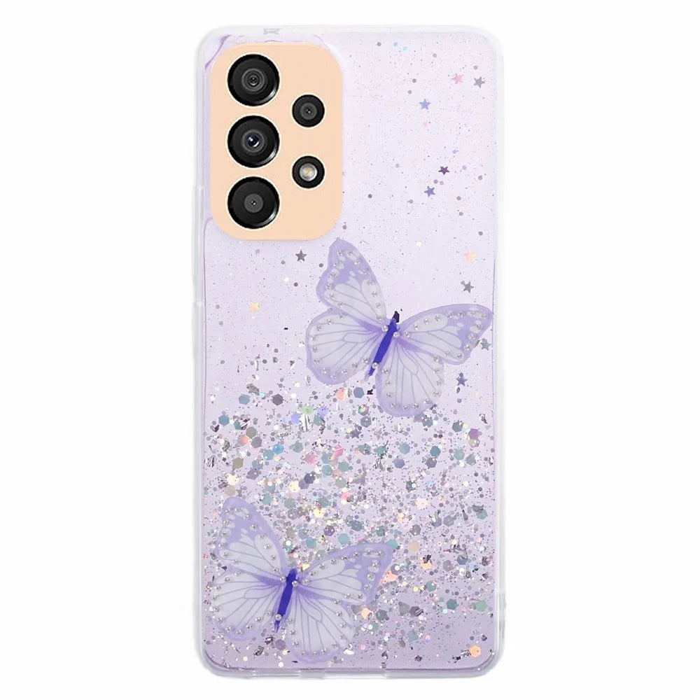 AW Series For Samsung Galaxy A32 5G / M32 5G Cell Phone Case Butterfly Decor Sparkle Epoxy Cover with Big Rear Lens Hole - Purple - 1