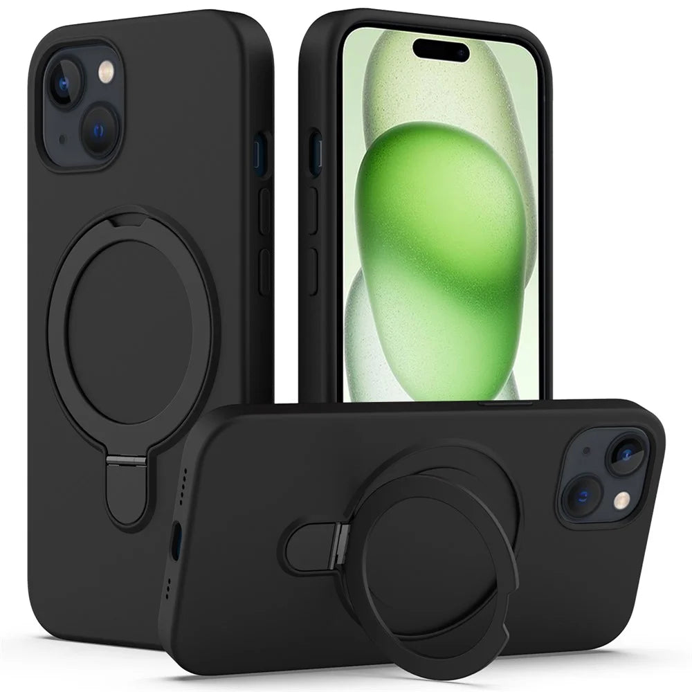 For iPhone 15 Plus Magnetic Case Compatible with MagSafe Phone Kickstand Cover - Black - 1