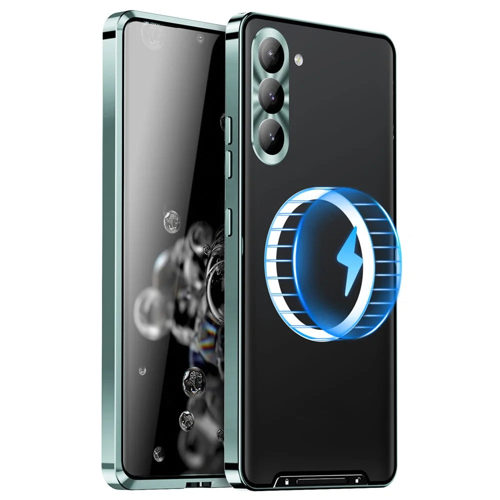 For Samsung Galaxy S24+ Matte Phone Case Lens Protection Metal Frame Magnetic Cover - Green - 1