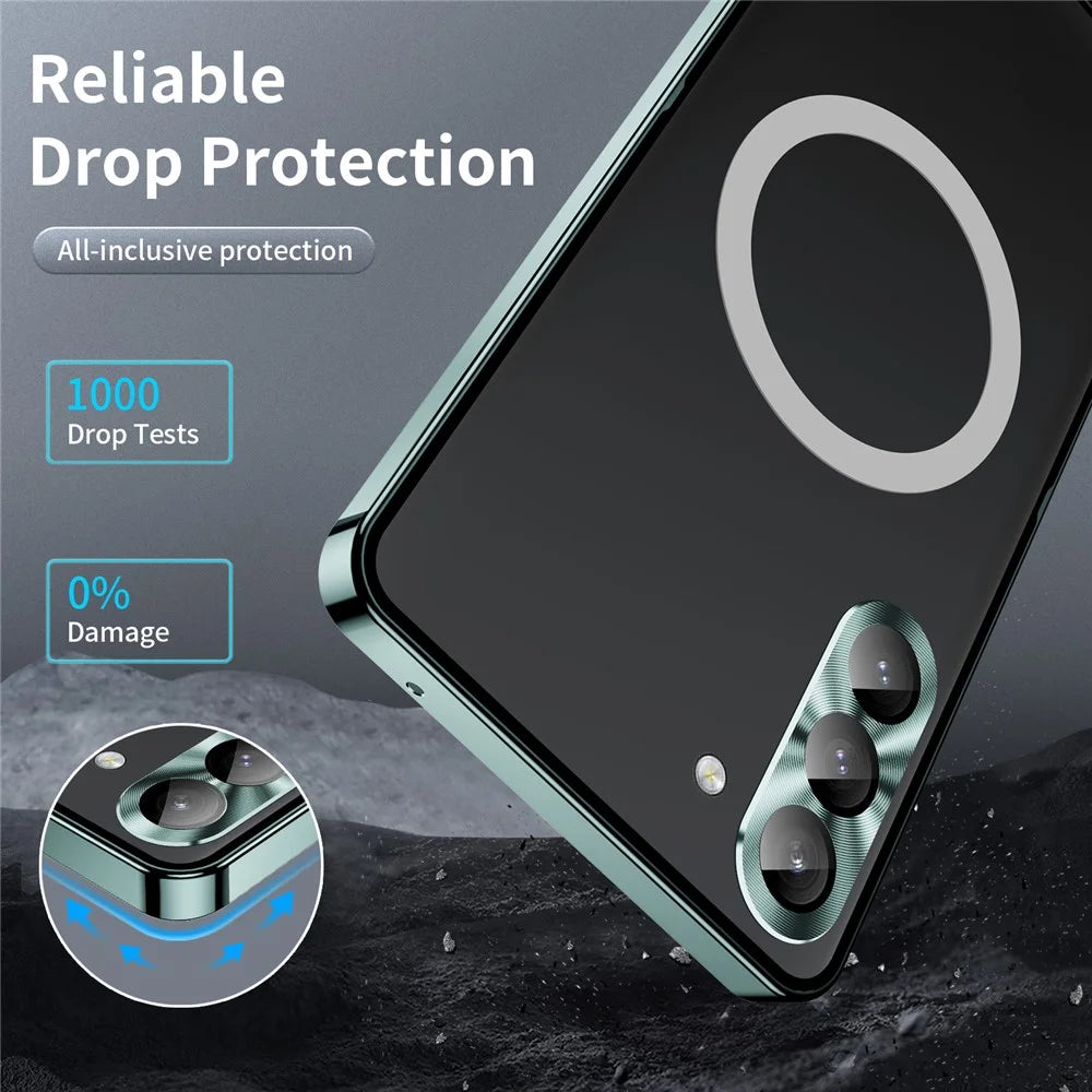 For Samsung Galaxy S24+ Matte Phone Case Lens Protection Metal Frame Magnetic Cover - Green - 3