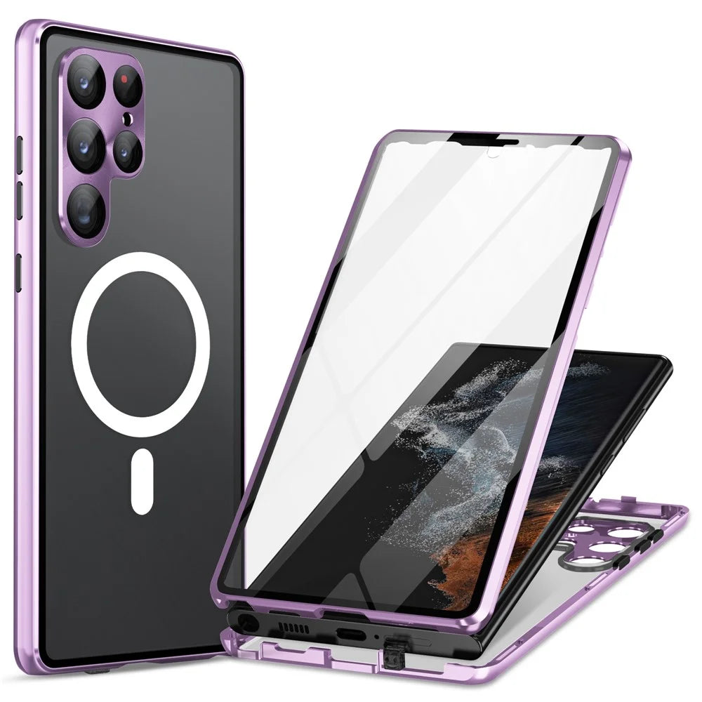 For Samsung Galaxy S24 Ultra Magnetic Case Tempered Glass+Matte PC Metal Frame Cover - Purple - 1