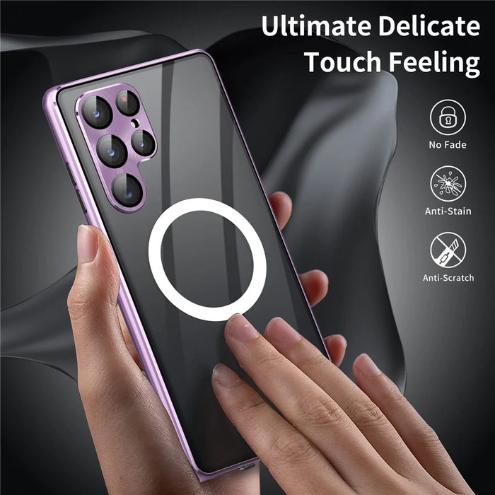 For Samsung Galaxy S24 Ultra Magnetic Case Tempered Glass+Matte PC Metal Frame Cover - Purple - 5