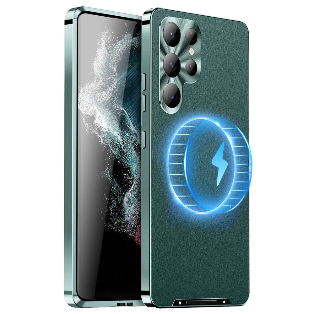 For Samsung Galaxy S24 Ultra Magnetic Case Metal Frame Leather+PC Matte Cover - Green - 1