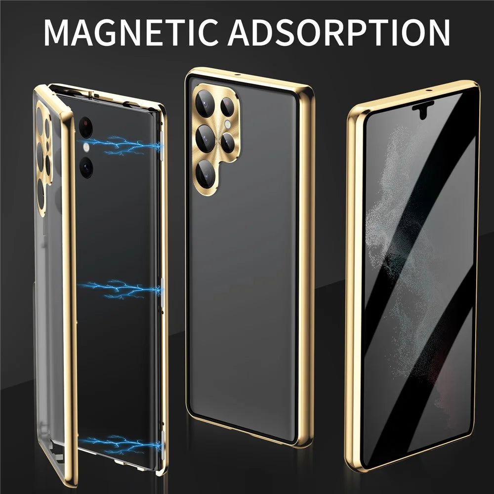 For Samsung Galaxy S24 Ultra Case Anti-Spy Double-Sided Tempered Glass Magnetic Phone Cover - Gold - 3