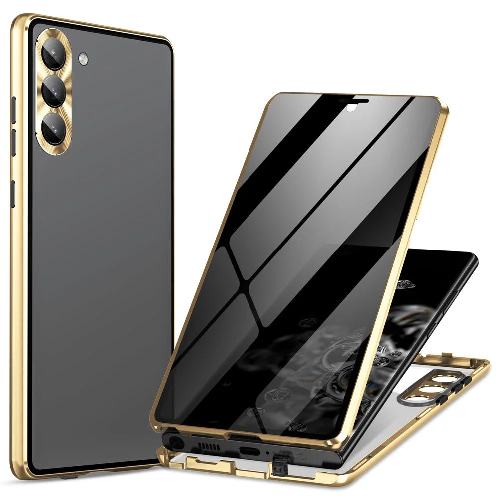 For Samsung Galaxy S24 Case Anti-Spy Double-Sided Tempered Glass Cover with Metal Frame - Gold - 1
