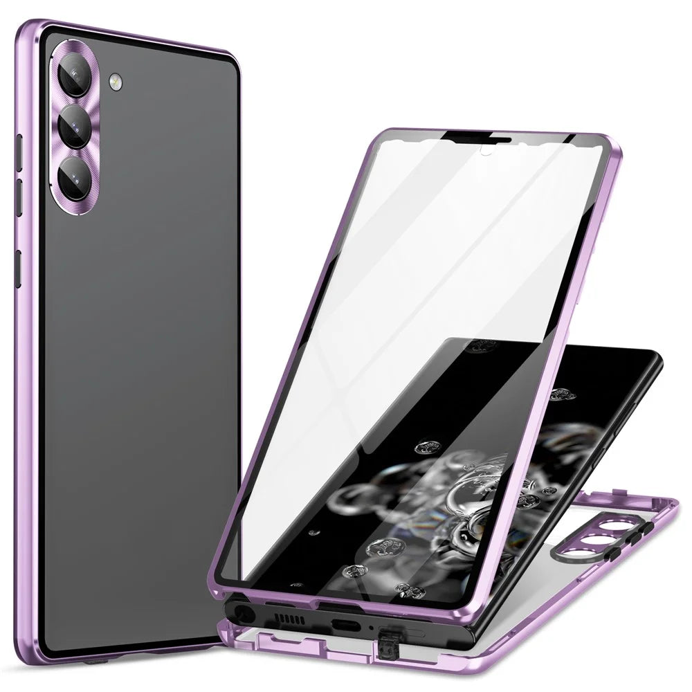 For Samsung Galaxy S24 Case Metal Frame Double Sides Tempered Glass Back Cover - Light Purple - 1