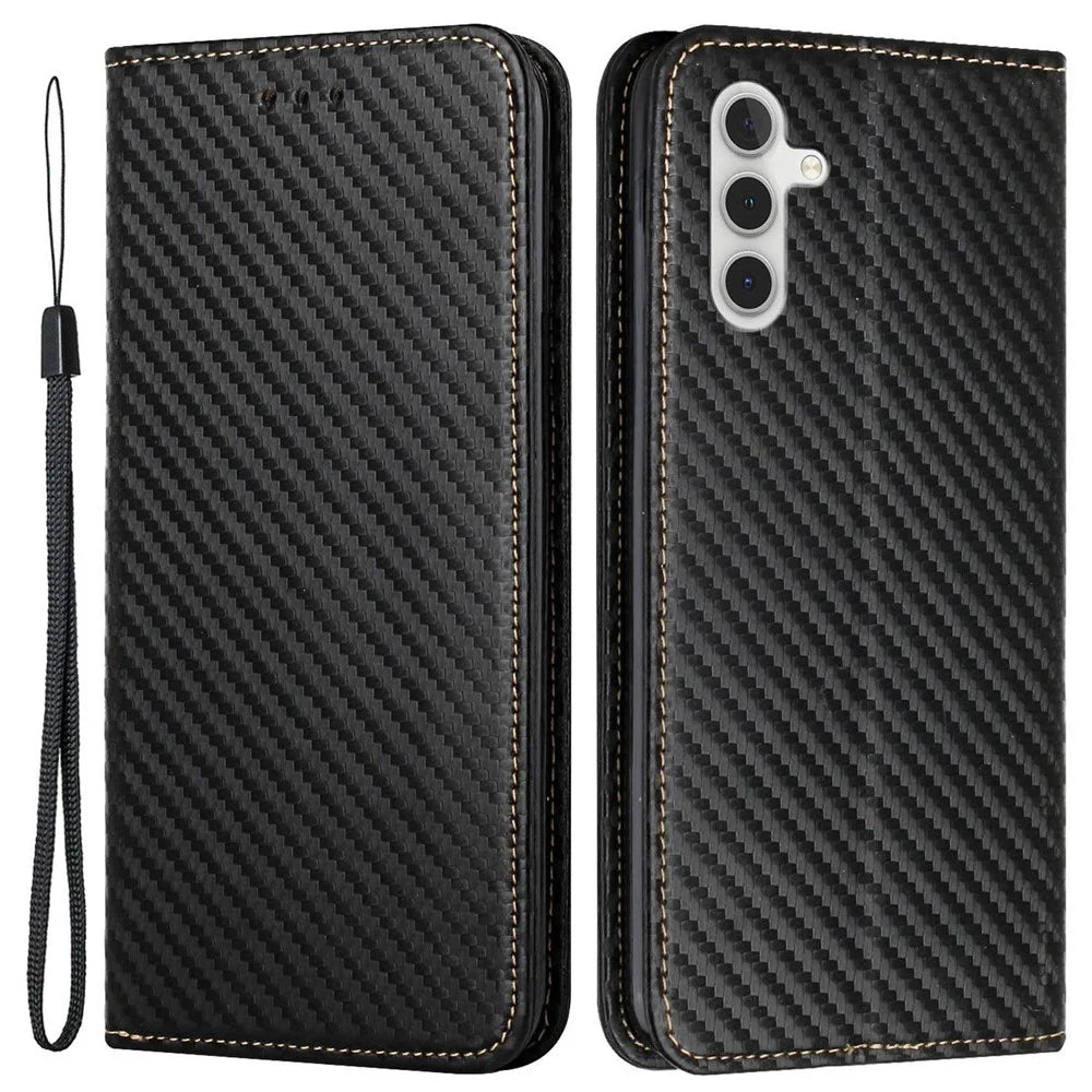 For Samsung Galaxy S24 Case Carbon Fiber Texture Wallet Stand Leather Cover - Black - 1