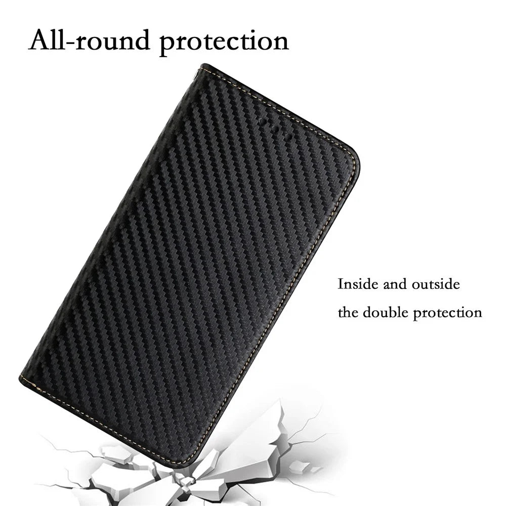 For Samsung Galaxy S24 Case Carbon Fiber Texture Wallet Stand Leather Cover - Black - 5