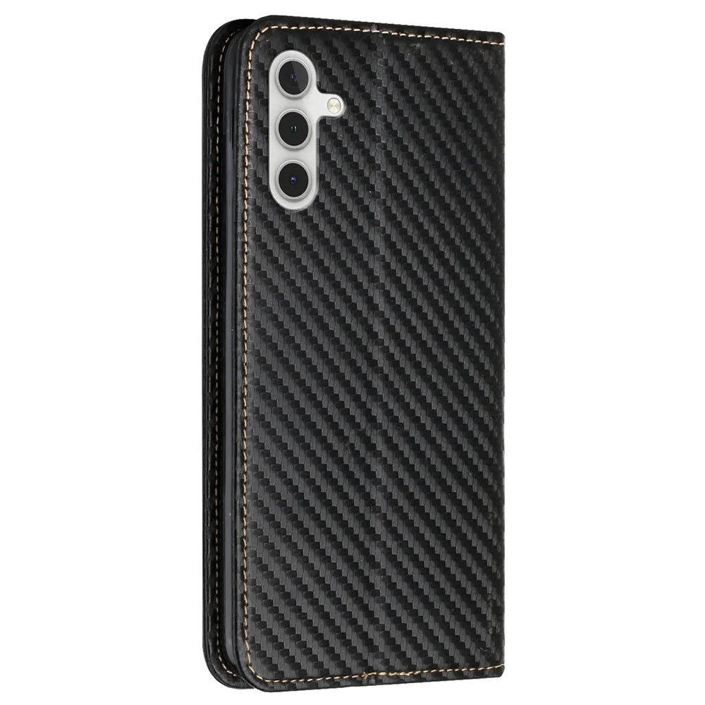 For Samsung Galaxy S24 Case Carbon Fiber Texture Wallet Stand Leather Cover - Black - 7