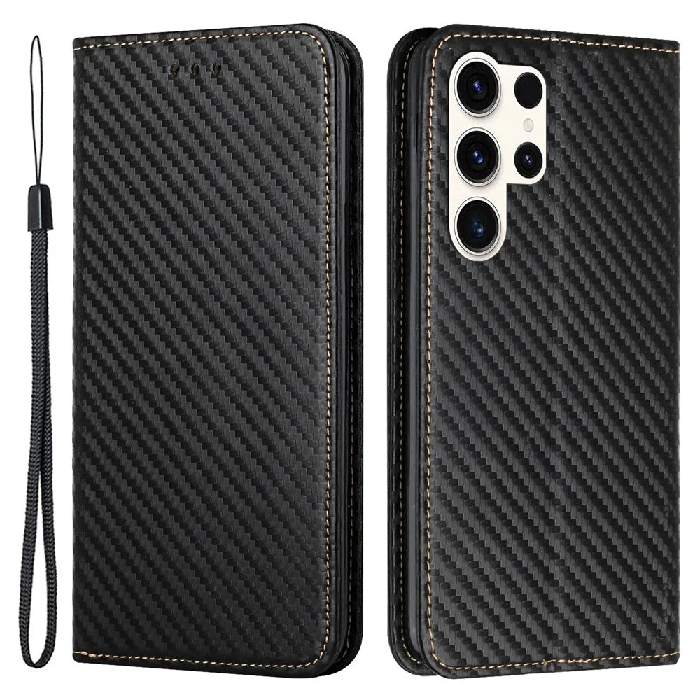 For Samsung Galaxy S24 Ultra Case Carbon Fiber Texture Wallet Stand Cover - Black - 1