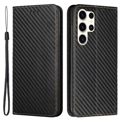 For Samsung Galaxy S24 Ultra Case Carbon Fiber Texture Wallet Stand Cover - Black - 1