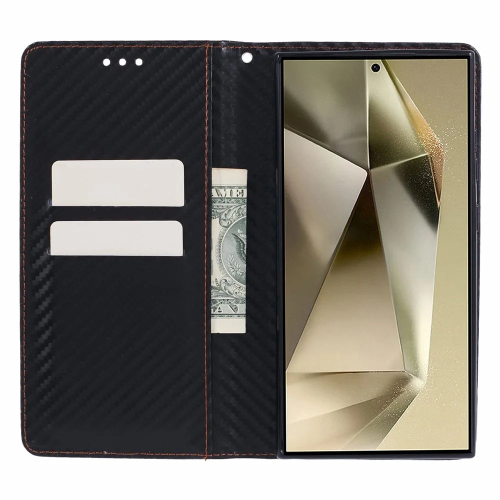 For Samsung Galaxy S24 Ultra Case Carbon Fiber Texture Wallet Stand Cover - Black - 2