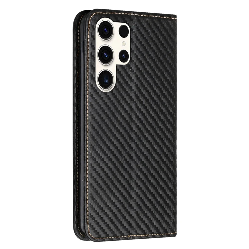 For Samsung Galaxy S24 Ultra Case Carbon Fiber Texture Wallet Stand Cover - Black - 5