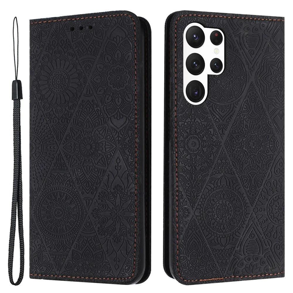For Samsung Galaxy S24 Ultra Case Imprinted Flower Wallet Phone Cover - Black - 1
