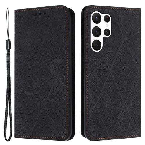 For Samsung Galaxy S24 Ultra Case Imprinted Flower Wallet Phone Cover - Black - 1
