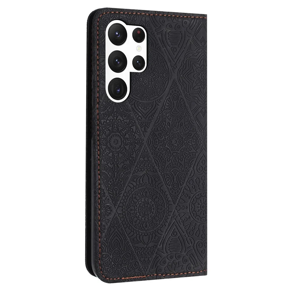 For Samsung Galaxy S24 Ultra Case Imprinted Flower Wallet Phone Cover - Black - 6