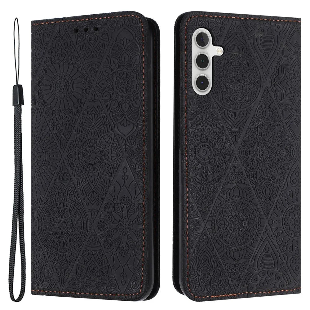 For Samsung Galaxy S25 / S24 Leather Case Wallet Stand Imprinted Phone Cover - Black - 1
