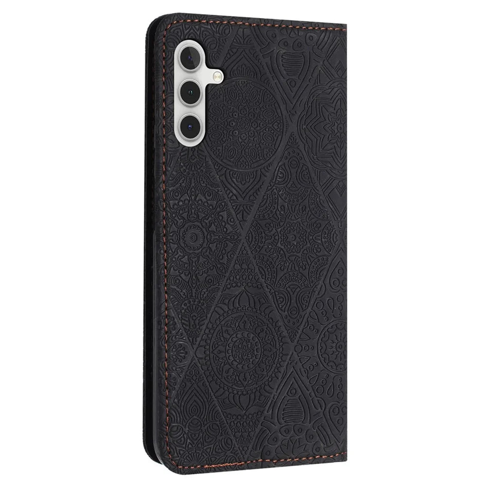 For Samsung Galaxy S25 / S24 Leather Case Wallet Stand Imprinted Phone Cover - Black - 6