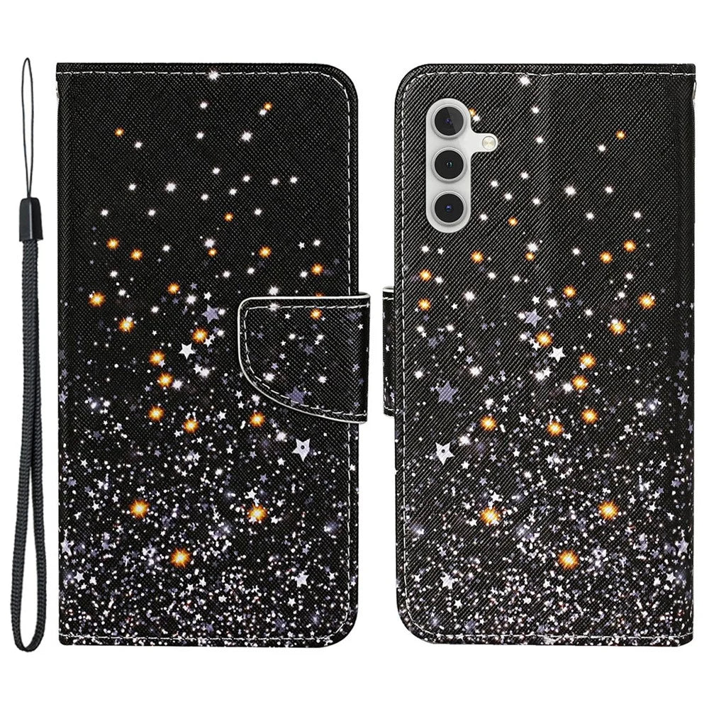 For Samsung Galaxy A15 5G Case PU Leather Pattern Printing Wallet Phone Cover with Strap - Shattered Stars - 1