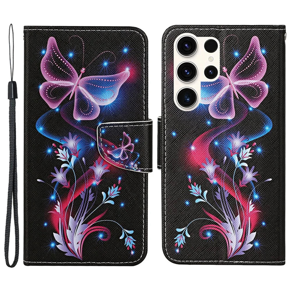 For Samsung Galaxy S24 Ultra PU Leather Case Cross Texture Phone Stand Cover with Wrist Strap - Fluorescent Butterflies - 1
