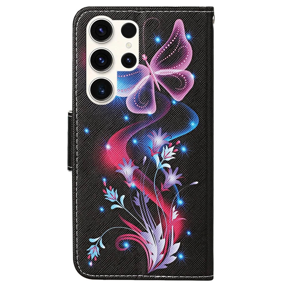 For Samsung Galaxy S24 Ultra PU Leather Case Cross Texture Phone Stand Cover with Wrist Strap - Fluorescent Butterflies - 7