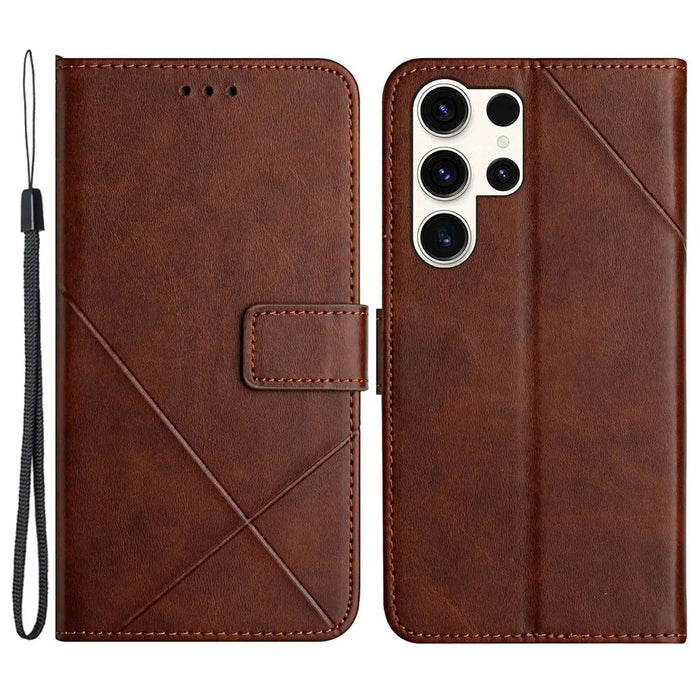 For Samsung Galaxy S24 Ultra Case Solid Color PU Leather Stand Wallet Phone Cover with Wrist Strap - Brown - 1